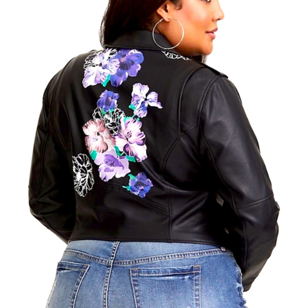 Moto-inspired faux leather floral design jacket